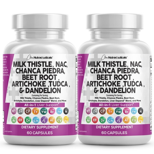[BRSRAATYOVYAAELD] Clean Nutraceuticals Milk Thistle NAC Chanca Piedra Beet Root Artichoke Astragalus Dandelion Root - Liver Cleanse Supplement Plus TUDCA Choline & Ginger - 2Pack