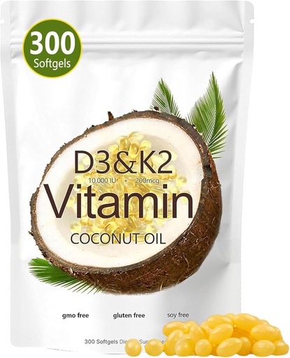 [BRSRAZTQBB7QKDL5] Vitamine D3 K2 Softgel, D3 K2 Vitamine 10000 IE, 10000 IE VIT D3 + 200 MCG Vitamine K2, vrij van GGO's, Gluten, Soja, Bone Health, ondersteunt Calcium Absorptie, 300 Gels