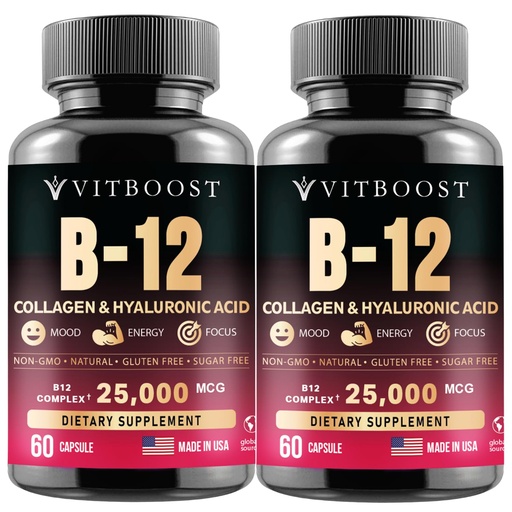 [BRSRAZIYOQOQYADK] VITBOOST B12 Methylcobalamin with Hyaluronic Acid, Collagen, and Folate – 25000 mcg Supplement Enhance Absorption & Boost Energy | Gluten-Free, Made in USA, B1, B2, B3, B6, B7 Complex - Pack of 2