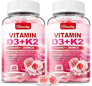 [BRSRAYINOEIROH3B] Vitamin D3 K2 Supplement for Adults - Vitamin D3 5000 IU + K2 200 mcg - Vit D3 K2 Gummies with Calcium 600mg Magnesium Zinc & Vitamin C for Women Men - Supports B0ne, Muscle Immune - 120 Count