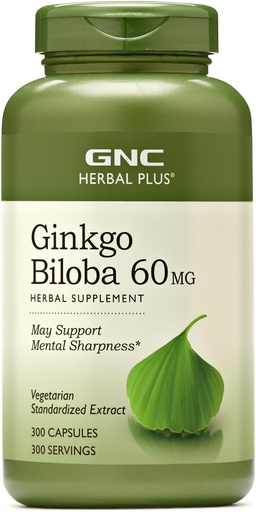 [BRSWKH3QOQCA2DD5] GNC Herbal Plus Ginkgo Biloba 60mg Suplemento, Vegetariano, Apoyo a la Sharpness Mental, 300 Servimientos