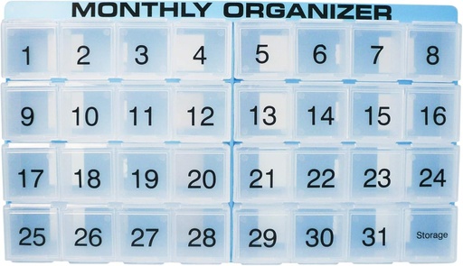 [BRSWGGI6BMCQEDLZ] Monthly Pill Organizer | 31 compartments, 1 per Day, 4 Week Full Month 31 Day Pill Organizer | Includes Tray and 8 Removable compartments