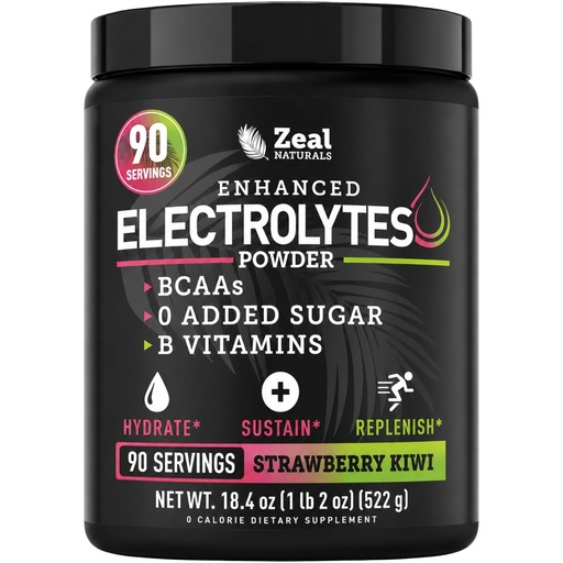 [BRSRM2QZBEDRGHQ7] Zeal Naturals Electrolyte Powder - 90 Servings | Keto Electrolytes Powder | Zero Sugar, BCAAs, B-Vitamins | Potassium, Zinc, Magnesium | Hydration Powder Recovery Drink | Strawberry Kiwi