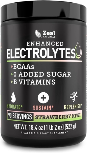[BRSRM2QZBEDRGHQ7] Zeal Naturals Electrolyte Powder Recovery Drink (90 Servings | Strawberry Kiwi) w 0 Sugar +BCAAs +B-Vitamins Electrolyte Supplement w Potassium Zinc & Magnesium for Hydration - Keto Electrolytes