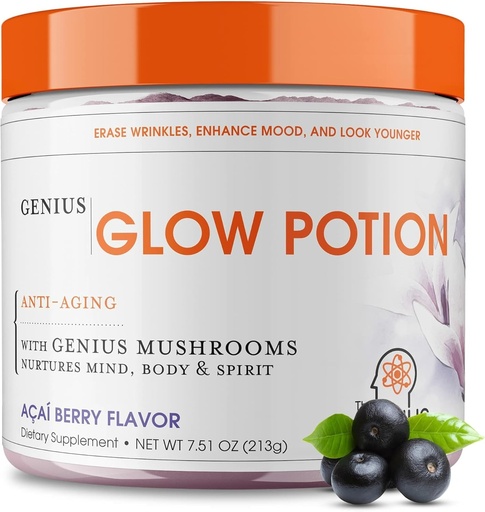 [BRSW2AI3DF7WCELJ] The Genius Brand Genius Glow Potion - Daily Skincare Supplement for Glowing Skin - Supports Hydration, Elasticity, Immune Health & Brain Function - Powered by Nootropics - Acai Berry - 30 Servings
