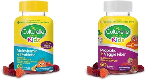 [BRSROBL3BAFRE3DD] Culturele Kids Probiotické Gummy pre vek 2+ - Peach-Orange & Mixed Berry Flavors & Daily Probiotic for Kids + Veggie Fiber Gummies (Ages 3+) - 60 Počet - Tráviace