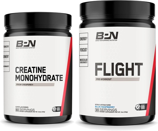 [BRSROYLQCMAQKFLG] BARE PERFORMANCE NUTRITION BPN Creatine Monohydrate & Flight Pre Workout (Blue Raspberry) Bundle