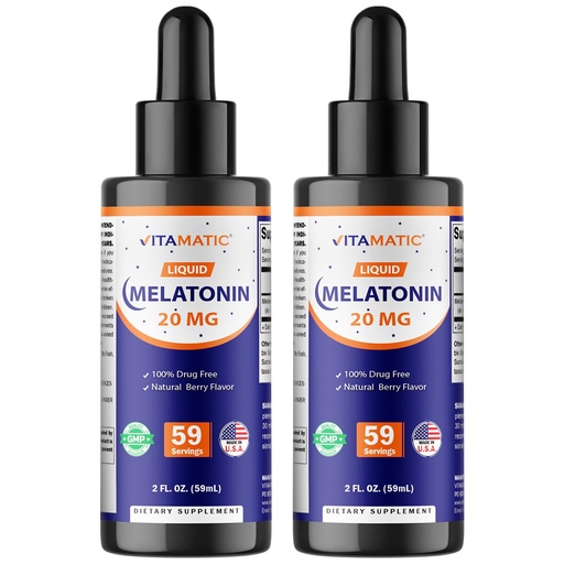 [BRSRMGA6OANGOA3H] Vitamatic 2-Pack Melatonin 20mg Liquid Drops - 2 fl oz (59 ml) Each - Natural Berry Flavor - Non-GMO, Vegetarian Supplement for Adults