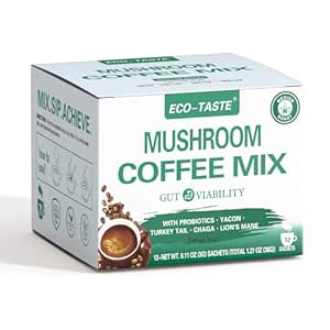 [BRSROHY5BEIWE335] ECO-TASTE Mushroom Coffee Mix, Designed for Gut-Health with Chaga, Lion's Mane, Turkey Tail, Yacon and Probiotics – 12 Sachets
