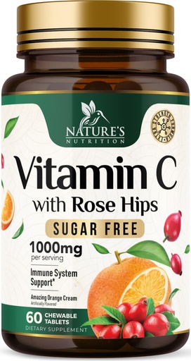 [BRSRAEIFDMIGGHLB] Vitamin C 1000mg Per Serving Chewable - Sugar Free - Extra Strength Antioxidants - Natural Immune Support Supplement with Vitamin C & Rose Hips, Powerful Vit C Chews, Tasty Orange Flavor - 60 Tablets