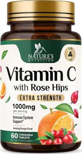 [BRSRAEIFDMIGGHLB] Vitamin C Chewable 1000mg - Extra Strength Antioxidants for Powerful Immune Support w/Vitamin C & Rose HIPS - Potent Dietary VIT C Chews Supplement, Natural Orange Flavor, Vegan, Non-GMO - 60 Tablets