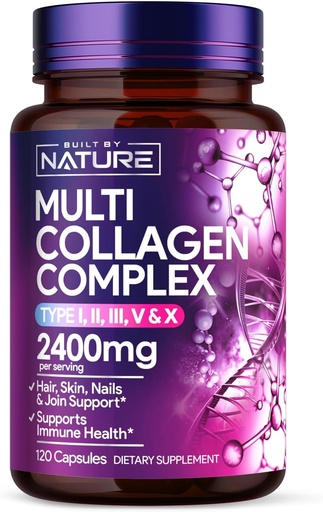 [BRSRAFILOFYWKETG] Built by Nature Collagen Pills – Multi Collagen Peptides Complex Supplement for Women – Type I, II, III, V, X for Hair, Skin, Nails, Joints & Bone Health - Hydrolyzed, Grass-Fed - 120 Capsules
