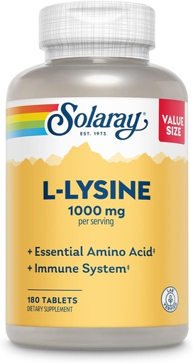[BRSRMAY5OZ5B6FDU] SOLARAY L-Lysine, Pulsuz-Form 1000 mq, Essential Amino Acid Immune Vitamin C 1000 mq və nikel 25 mq, Valyuta ölçüsü, Lab uyğun, 60-Day Garantisi, 60 Xidmət, 180 Tablet