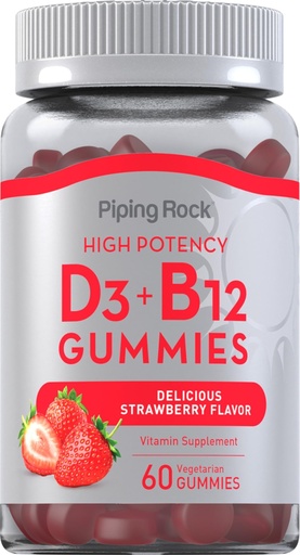 [BRSRMAIEBBYQEHLL] Piping Rock Vitamin D3 and B12 Gummies | 60 Count | Supplement for Women and Men | High Potency | Strawberry Flavor | Vegetarian, Non-GMO, Gluten Free