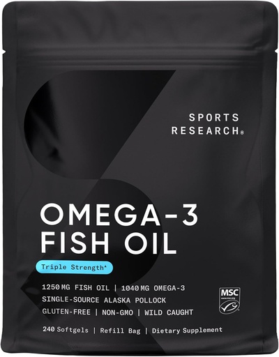 [BRSRMGD6BUDW2FIY] Sports Research Triple Strength Omega 3 Fish Oil - Burpless Fish Oil Supplement w/EPA & DHA Fatty Acids from Wild Alaskan Pollock - Heart, Brain & Immune Support for Men & Women - 1250 mg, 240 ct