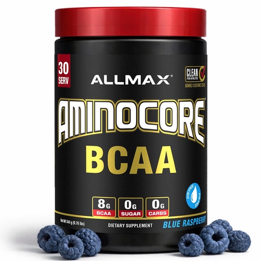 [BRSWYZQDAEPQMFDK] ALLMAX AMINOCORE BCAA Powder for Workout Muscle Recovery & Increased Endurance - Sugar Free, No Fillers 8.18 Grams Bcaas Amino Acids, B Vitamins for Women and Men - 30 Servings | Blue Raspberry, 345g