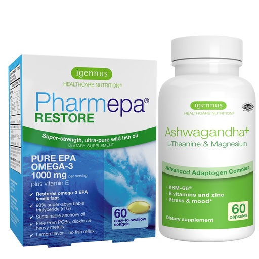 [BRSROFD3OYHA2EQ7] Igennus Pharmepa Restore + Ashwagandha+ L-Theanine & Magnesium Bundle, 1000mg Pure EPA Omega-3 Fish Oil + 600mg KSM-66 Ashwagandha Adaptogen Complex with Zinc & B Vitamins, Mood & Stress Support