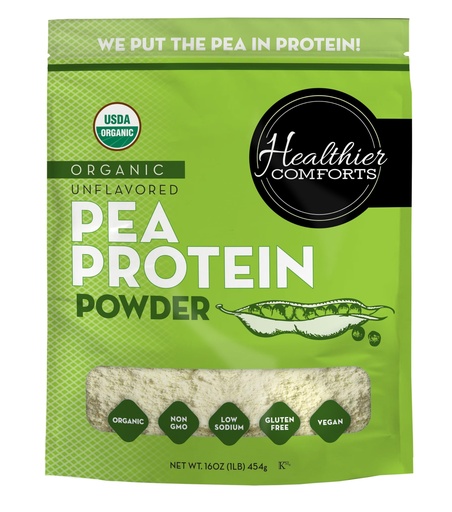 [BRSWYCQLO4HWGYI3] Healthier Comforts Organic Unflavored Pea Protein Powder - Low Sodium (1 lb.) | USA Grown and Processed | 100% Plant Based Protein | Kosher, Gluten Free, Non-GMO, Keto Friendly (16oz)