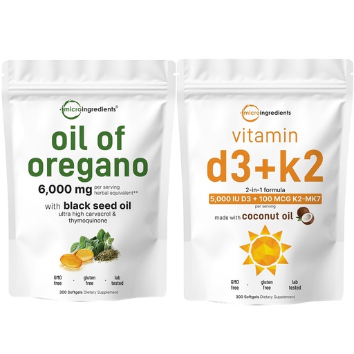 [BRSRAADQCICG2YLH] Micro Ingredients Oil of Oregano Softgels 6,000mg Per Serving & Vitamin D3 5000 IU Plus K2 (MK-7) 100 mcg, 300 Virgin Coconut Oil Softgels Bundle Pack | 4X Strength Carvacrol & Thymoquinon | Essential