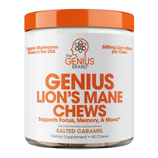 [BRSRAAQOOV7Q4DI2] The Genius Brand Genius Lion's Mane Chews - Plant-Based Supplement for Memory, Focus & Mood Support - Organic & Non-GMO - Salted Caramel - 60 Chews