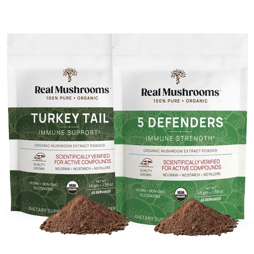 [BRSW2AIFBMPA2FAU] Real Mushrooms Turkey Tail (45g) and 5 Defenders (45g) Mushroom Extract Powder Bundle - Mushroom Supplement for Immune Strength - Vegan, Non-GMO Immunity Supplement