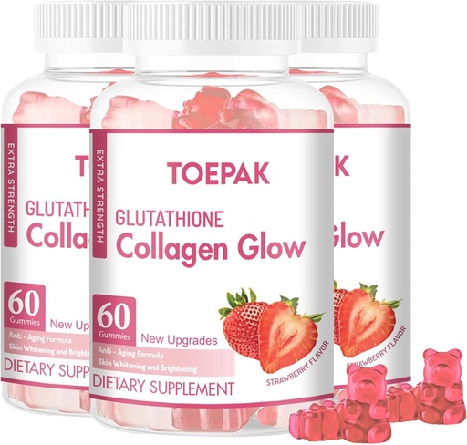 [BRSRAYAQPMIWOCT3] Multi Collagen Protein Glow Beauty Collagen Gummies, Women's Anti-Aging Support with Glutathione, Biotin & Multivitamins, Promotes Skin & Hair Health, Strawberry, 180 Gummies (90 Days)