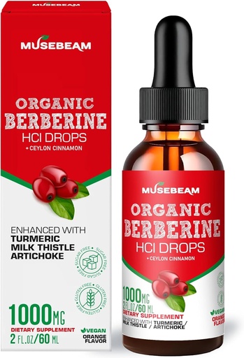 [BRSRAAL7AANQMHIV] Organic Berberine HCl 1000mg Liquid Drops - with Ceylon Cinnamon Turmeric Milk Thistle Artichoke - High Bioavailability Supplement for Men Women - Vegan Sugar Free Gluten Free 2fl. oz (60ml)