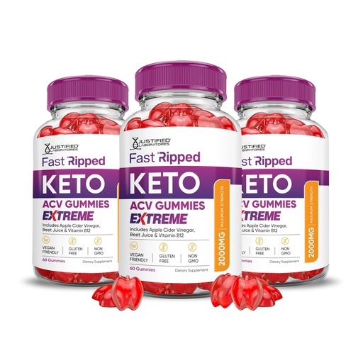 [BRSRAYL5OYCQKDQ6] Justified Laboratories Fast Ripped Keto ACV Gummies Extreme (2000 mg) - 60 Count, Pack of 3 - Formulated with Apple Cider Vinegar, Folate & Vitamin B12 - Non-GMO, Vegan, Gluten Free - 90 Servings