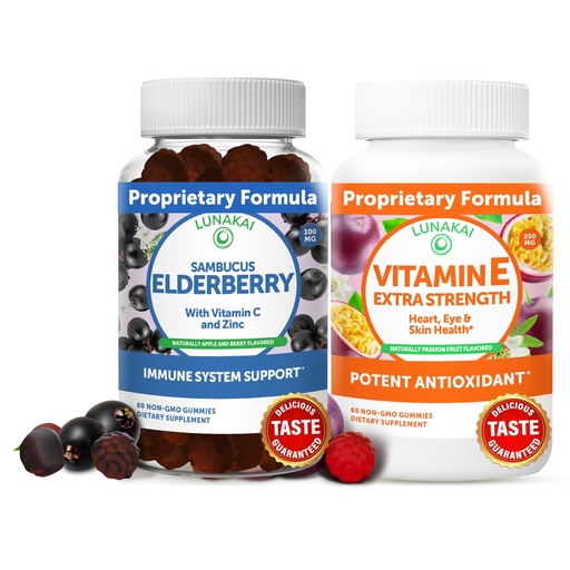 [BRSW2HALB55WY3TB] Lunakai Elderberry and Vitamin E Gummies Bundle - Immune Support Supplement with Zinc and Vitamin C Plus 1000iu Natural VIT E Gummy for Eye and Skin Health