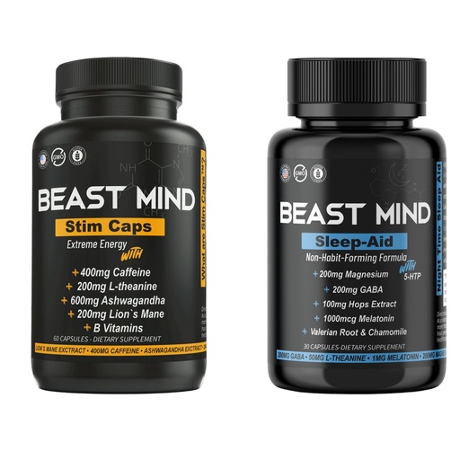 [BRSRA2Y5DJ4A4DT2] Day & Night Energy With Sleep Aid Bundle | 400mg Caffeine | 600mg Ashwagandha | 200mg Lions Mane | Increased Energy & Focus & Mood Sleep Aid with GABA, Valerian Root, Chamomile, Melatonin, Magnesium