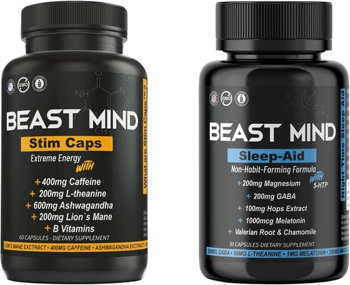 [BRSRA2Y5DJ4A4DT2] Day & Night Energy With Sleep Aid Bundle | 400mg Caffeine | 600mg Ashwagandha | 200mg Lions Mane | Increased Energy & Focus & Mood Sleep Aid with GABA, Valerian Root, Chamomile, Melatonin, Magnesium