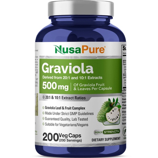 [BRSROBALO4FW2HTA] NusaPure Graviola Capsules, 500 mg, 200 Veg Capsules (Non-GMO, Vegan)