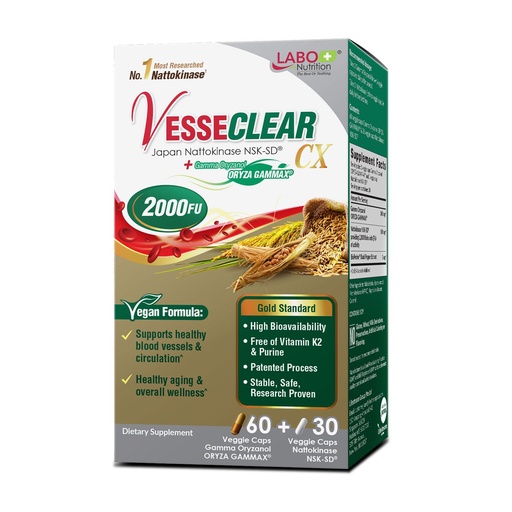 [BRSWYGIQOF5A2DYZ] LABO Nutrition VesseCLEAR CX: Nattokinase NSK-SD + Gamma Oryzanol for Clean Blood Vessel & Healthy Ageing, Japan's Most Clinically Studied, Support Healthy Cholesterol, Heart, Vegan, Acid-Resistant