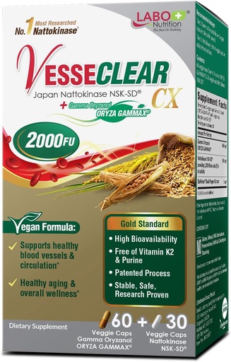 [BRSWYGIQOF5A2DYZ] Labo Nutrition VesseCLEAR CX: Nattokinase NSK- SD + Gamma Oryzanol for Clean Blood Vessel & Sund Ageing, Japans mest klinisk undersøgt, Support Sund Cholesterol, Heart, Vegan, Acid-Resistent