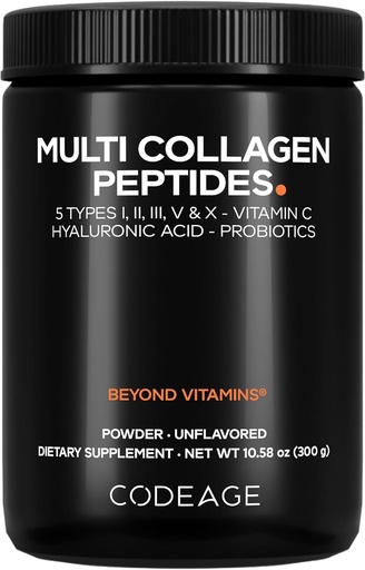 [BRSRMYALCAJQKCTP] Codeage Multi Collagen Peptides Mill + Probiotics Black Edition, Vitaminas C, Hialurono rūgšties miltelių papildas, gras- Fed, hidrolizuotas, Zero Carbs, Type I, II, III, V & X, Unflavored, 10.58oz