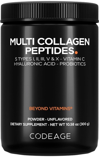 [BRSRMYALCAJQKCTP] Codeage Multi Collagen Peptides Powder + Probiotics Black Edition, Vitamin C, Hyaluronic Acid Powder Supplement, Grass-Fed, Hydrolyzed, Zero Carbs, Type I, II, III, V & X, Unflavored, 10.58oz