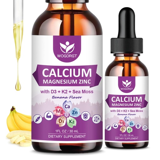 [BRSRAFQZCAGQIELK] WOGORGT Calcium Citrate 1000mg with Vitamin D3 for Women & Men - Liquid Calcium Magnesium Zinc D3 K2 Supplement for Bone, Teeth Support, Sugar Free, Vegan, Banana Flavor - 1 Fl Oz (2 Pack)