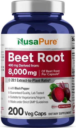 [BRSWYZARB56BSDL7] NusaPure Organic Beet Root 20:1 Extract, 400 mg Equivalent to 8,000 mg - Black Pepper 4:1 Extract, 10 mg - 200 Veggie caps (Vegan, Non-GMO)