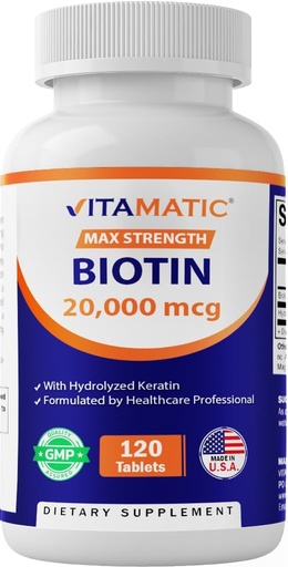 [BRSW2GIROQJRGFI6] Vitamatic High Potency Biotin 20000 mcg (20mg) with Keratin 100mg - 120 Tablets - Biotin Supplements for Healthy Hair Skin & Nails for Adults (120 Count (Pack of 1))