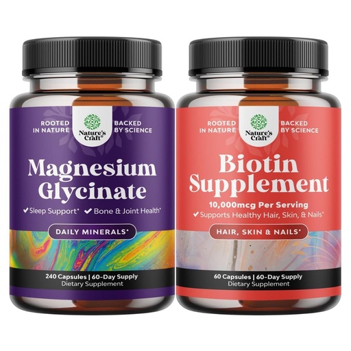 [BRSRAZYNC4IAIYDU] Bundle of Pure Magnesium Glycinate Supplement 400mg Per Serving for Mood Sleep & Relaxation Support and 10000 mcg Pure Biotin Pills - Promotes Thicker & Fuller Hair - Get Clear Skin Strong Nails
