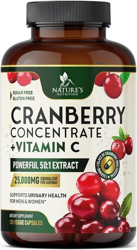 [BRSRAZICOUMW2ETB] Cranberry Supplement Pills 25,000mg - High Potency Vitamin C Cranberry for Women & Men, Urinary Tract Health Support, Sugar Free, Gluten Free, Non-GMO, Cranberry Concentrate Extract - 120 Capsules