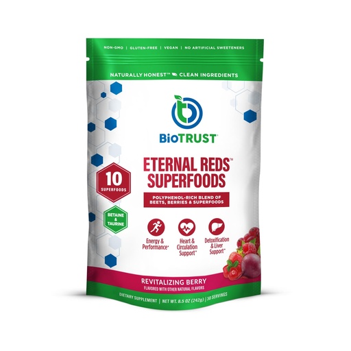 [BRSW2YD2AAFQYEI6] BioTrust Eternal Reds, Red Superfoods Powder, Support for Heart Health and Circulation, Energy, Stamina, No Added Sugar or Caffeine, Naturally Flavored and Sweetened, Berry Flavor (30 Servings)