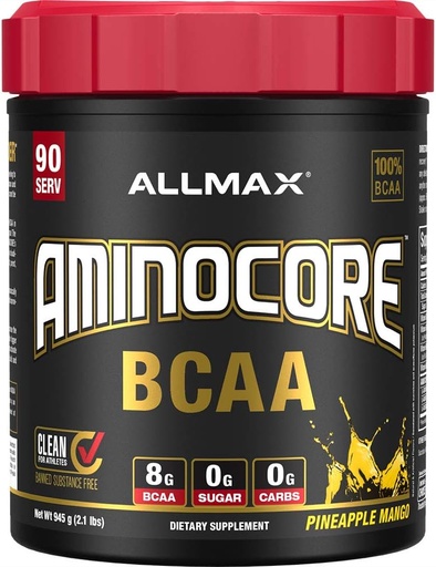 [BRSWYZQCCAMRQALO] ALLMAX Nutrizioa AMINOCORE BCAA, Pineapple Mango - 945 g Powder - 8,18 Grams adardun kate-azidoak zerbitzatuko - B bitaminak - Betegarririk edo ez BCAA Aminos - Sugar Free - 90 zerbitzari
