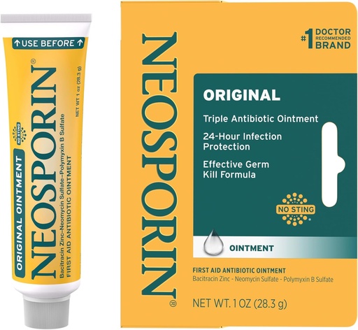 [BRSWIYYMAAMGG3QV] Neosporin Original First Aid Triple Antibiotic Ointment, Bacitracin Zinc & Neomycin Sulfate Infection Protection, Wound Care Treatment & Scar Appearance Minimizer for Minor Cuts, Scrapes & Burns, 1 oz
