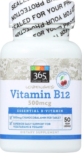 [BRSWGZQEBMAQKELF] 365 by Whole Foods Market, Витамин B12 500mcg Lozenges, Вишневый аромат, 50ct