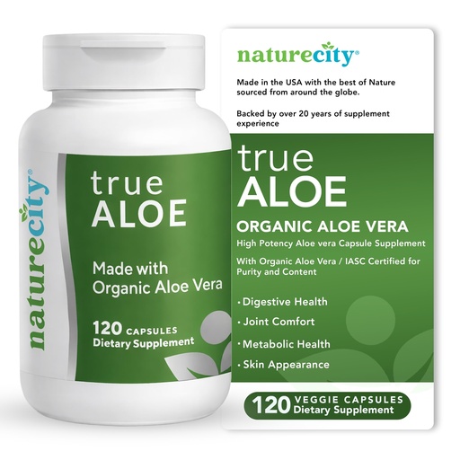 [BRSWKYL5PJYA42TK] NatureCity TrueAloe Organic Aloe Vera Capsules - Supports Digestive Balance, Joints and Stomach Comfort - Plant-Based Aloe Barbadensis Powder - Easy-to-Swallow Single Ingredient Formula - 120 Caps