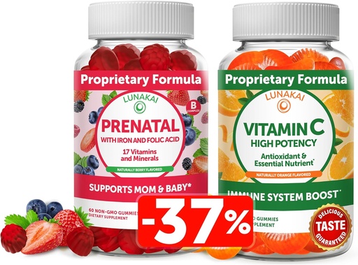 [BRSW2HALCEHRGFLF] Lunakai Prenatal and Vitamin C Gummies Bundle - Pregnancy Multivitamin Supplement with Iron & Folic Acid - 300mg Organic, Non-GMO, Vegan Chewable Gummy - 30 Days Supply