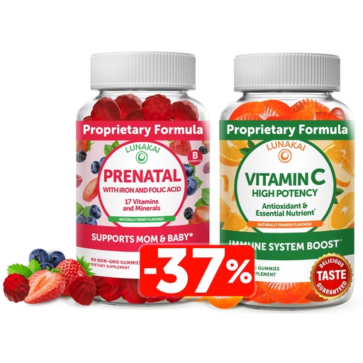 [BRSW2HALCEHRGFLF] Lunakai Prenatal and Vitamin C Gummies Bundle - Pregnancy Multivitamin Supplement with Iron & Folic Acid - 300mg Organic, Non-GMO, Vegan Chewable Gummy - 30 Days Supply