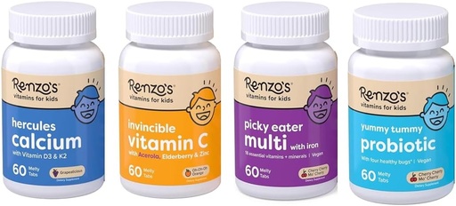 [BRSRMCT6PMARADTJ] Renzo's Vitamins Kid Essential Bundle - Probiotic, Vitamin C with Elderberry & Zinc for Immune Support, Picky Eater Kids Multivitamin, and Hercules Calcium