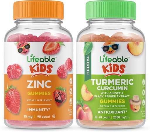 [BRSRMYIYDECA2DL7] Lifeable Zinc Kids + Turmeric Curcumin Kids, Gummies Bundle - Great Tasting, Vitamin Supplement, Gluten Free, GMO Free, Chewable Gummy